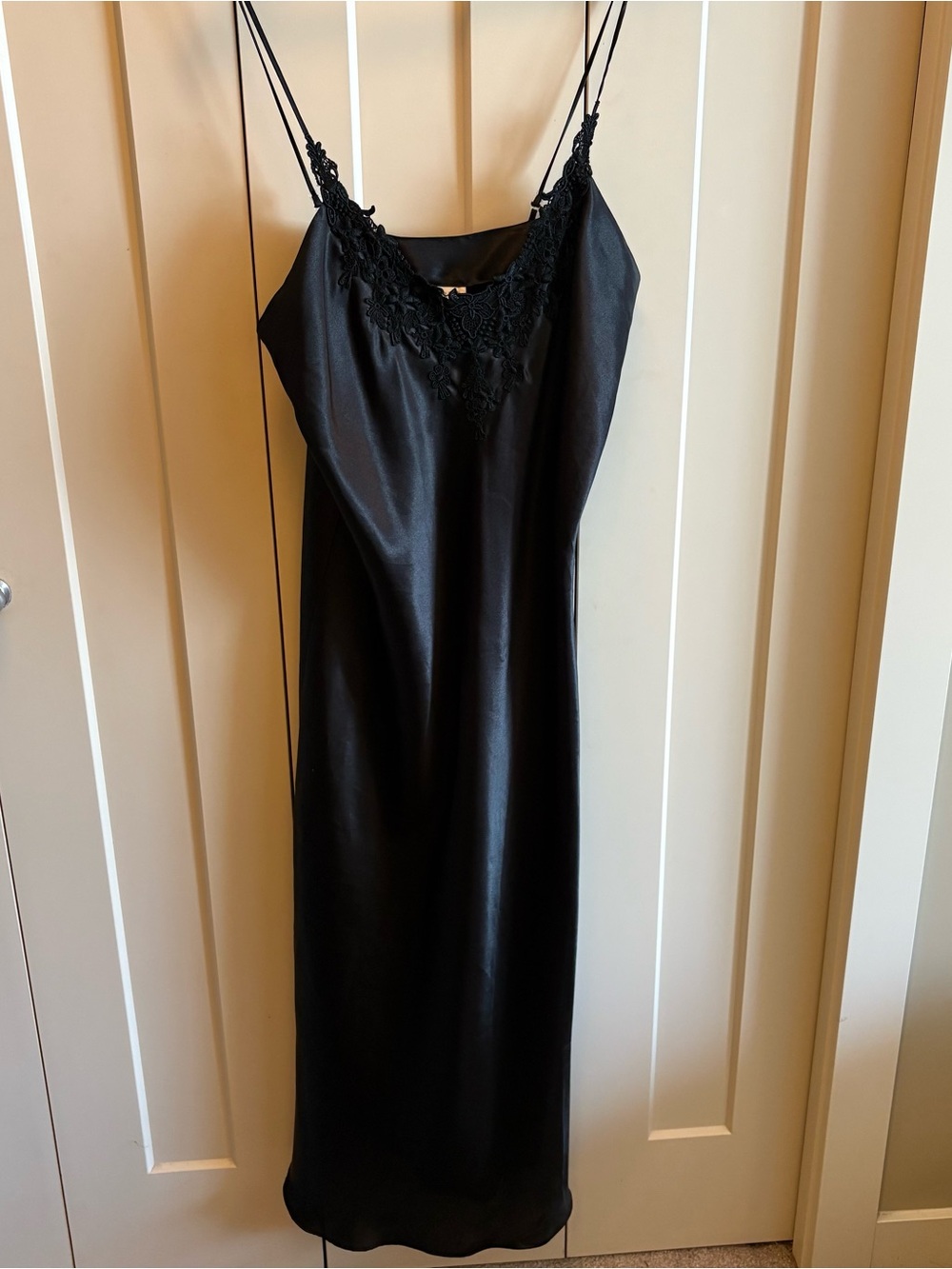 Satin Lace-Trim Black Slip Dress/Nightgown - Size M
